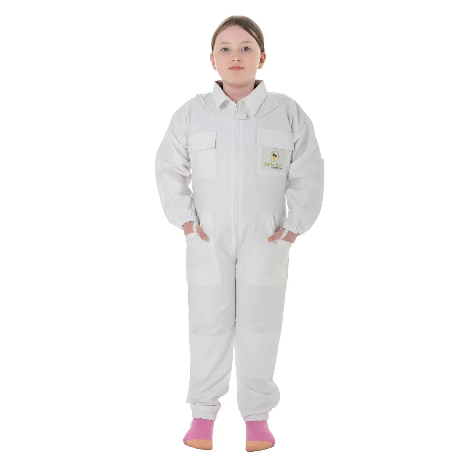 childrens bee suit White with detachable fencing veil, designed for kids' safety and comfort during beekeeping activities