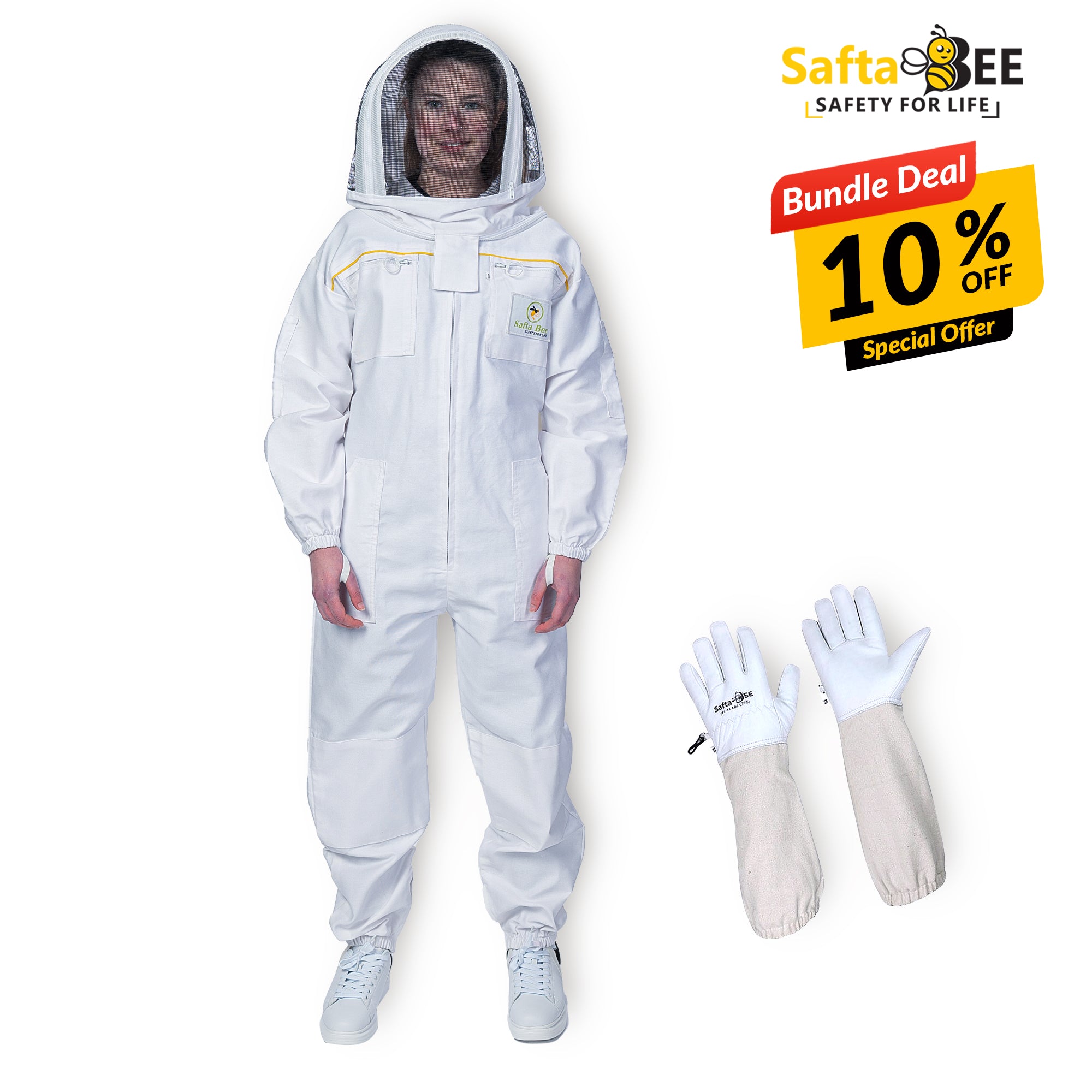 Stay Safe in Style – White Cotton Beekeeping Suit with Yellow Piping (10% OFF)