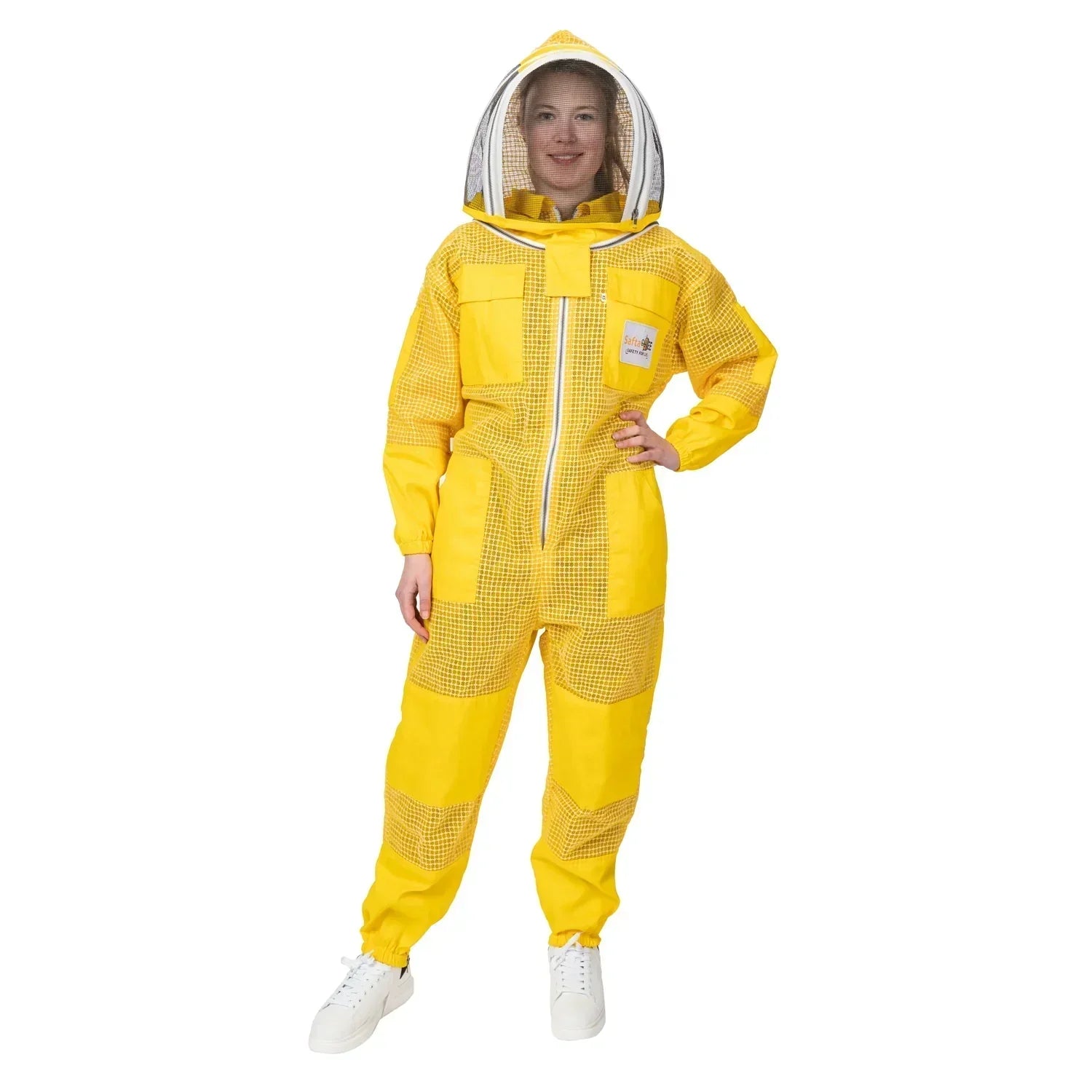 Yellow beekeeper suit with 3-layer ventilation, featuring a sting-proof fencing veil, ideal for professional and beginner beekeepers.