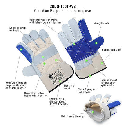 heavy duty work gloves Close-up of durable leather work gloves with reinforced double palm, ideal for gardening and heavy-duty tasks. High-quality cow split leather ensures protection and flexibility | safta bee