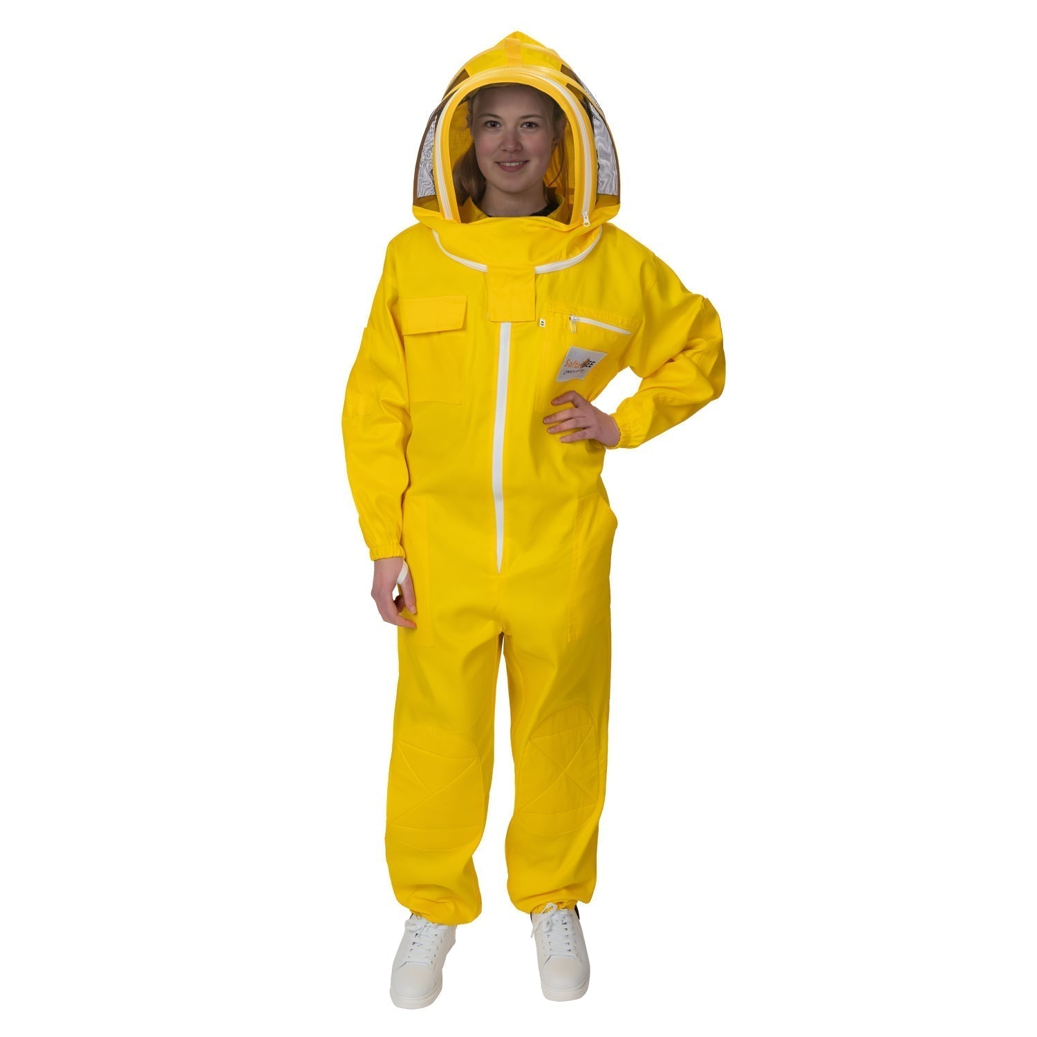 bee suit cotton yellow Safta Bee Yellow Jacket Beekeeping Suit, designed for optimal sting protection and comfort, featuring a breathable mesh and non-flammable fencing veil for professional beekeepers.